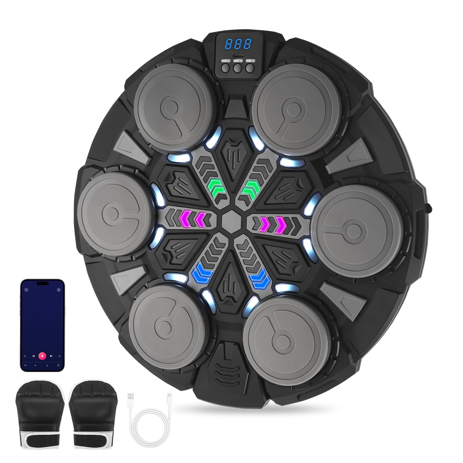 Music Boxing Machine for Kids & Adults, Smart Bluetooth Wall Mounted Boxing Set with 9 Modes & 9 Speeds, Electronic Punching Target with LED Lights & Boxing Gloves – Home Gym Fitness Equipment
