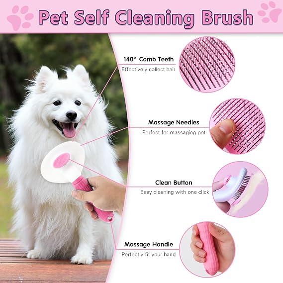 Dog Brush Grooming Kit 6PCS Dog Brush for Shedding-Dogs Brushes for Grooming, Dematting Comb for Dogs, Nail Clipper with Nail File, Flea Comb, Cat Bath Brush-Pink