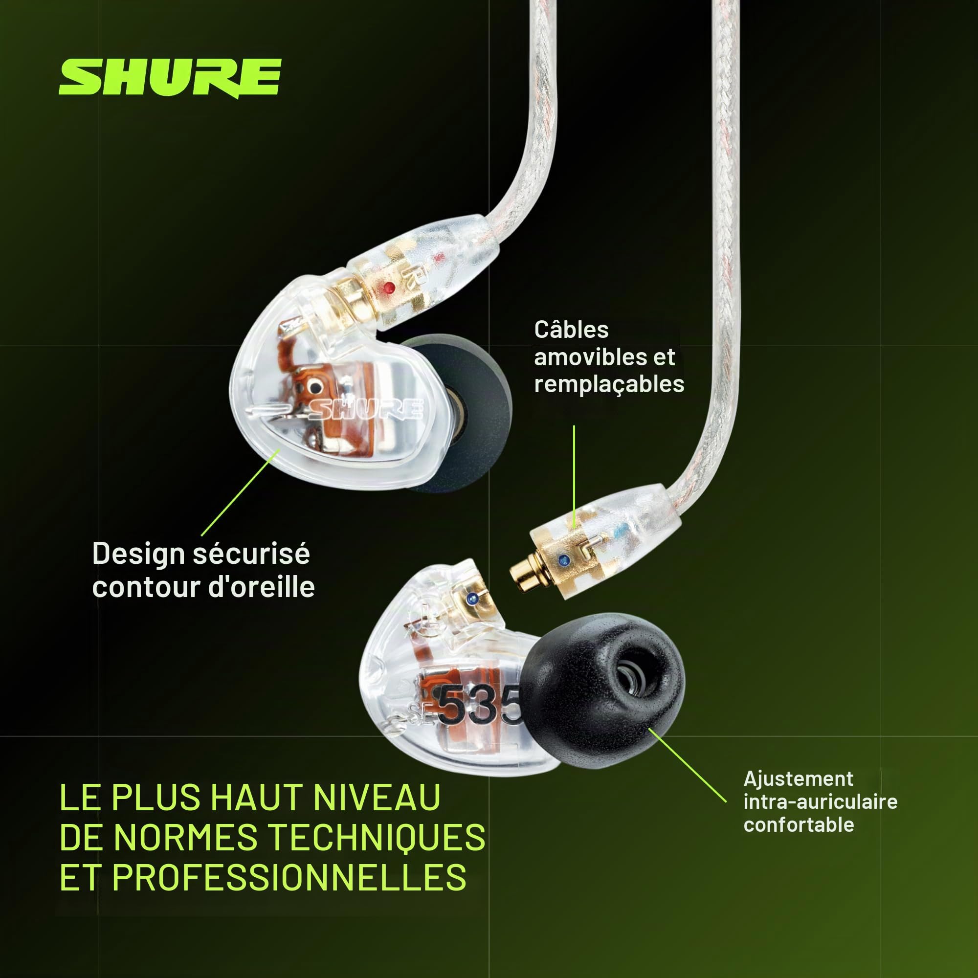 Shure SE535 Intra-aural écouteur Transparent - Casques (Intra-aural, écouteur, avec Fil, 18-19000 Hz, 1,62 m, Transparent)