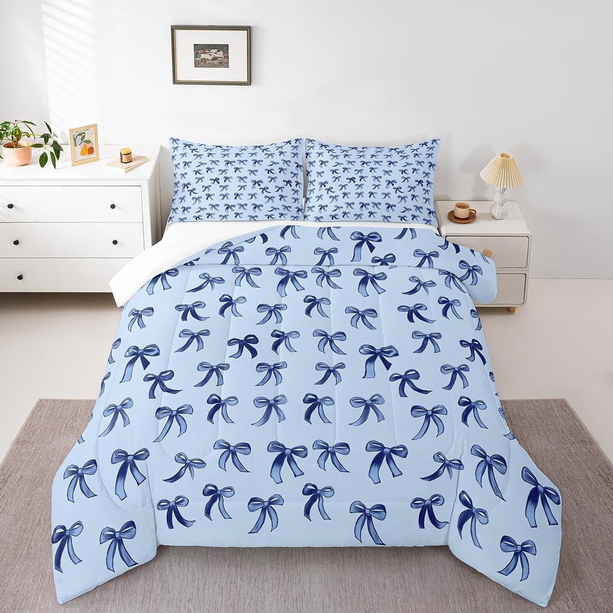 Erosebridal Bowknot Full Size Comforter Set, Kawaii Simple Bows Breathable Bed Set, Cute Cartoon Dreamy Printed Kids Teens Microfiber Down Comforter for Sofa Bedroom, Baby Blue Ribbon Duvet Insert