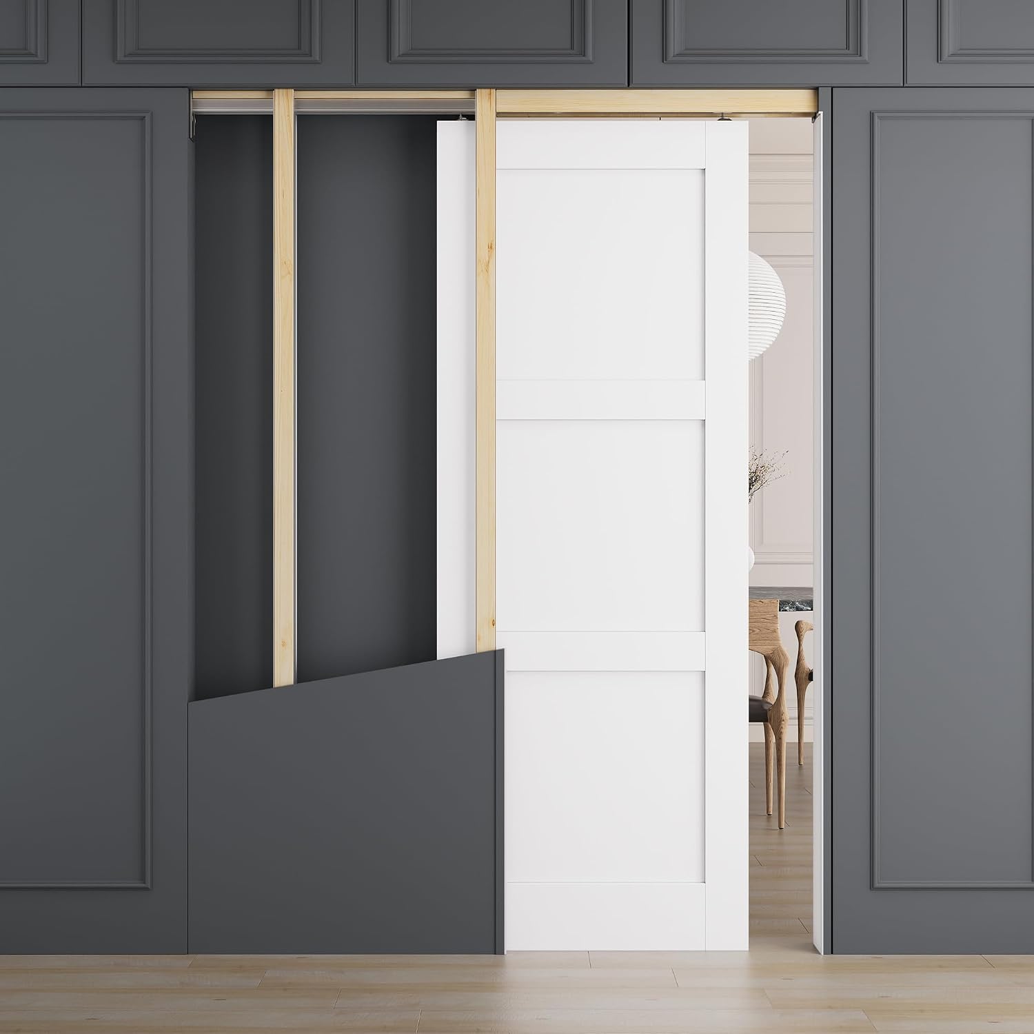 All-Inclusive Soft-Close Solid Core Sliding Pocket Door Pocket 30" x 80" 3 Panel Sliding Door with Frame & Hardware Kit, Pocket Interior Doors for Home, White Living Room Doors