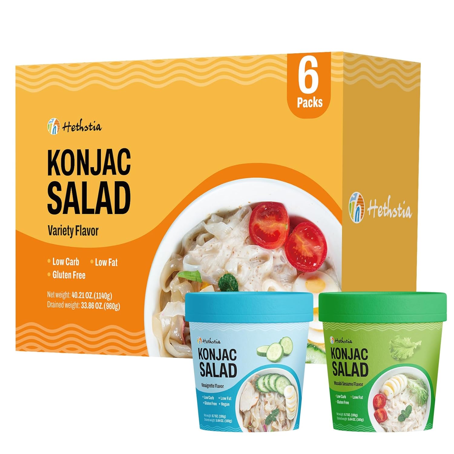 (BB. Sep 09-2026) Hethstia Low Carb Pasta, Gluten-Free Shirataki Konjac Noodles with Vinaigrette & Wasabi Sesame Sauce, Cold Keto Side Dish, 6-Pack Pre-Packaged Meal, Quick Healthy Ready-to-Eat Food Variety 6.7 oz