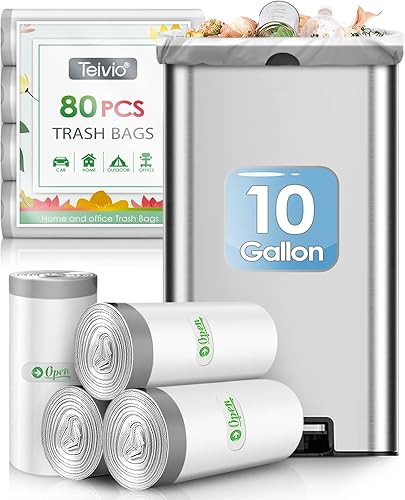 Teivio Bolsas de basura con cordón de 10 galones, 80 bolsas de basura medianas para cocina que se adaptan a contenedores de basura de 30 a 35