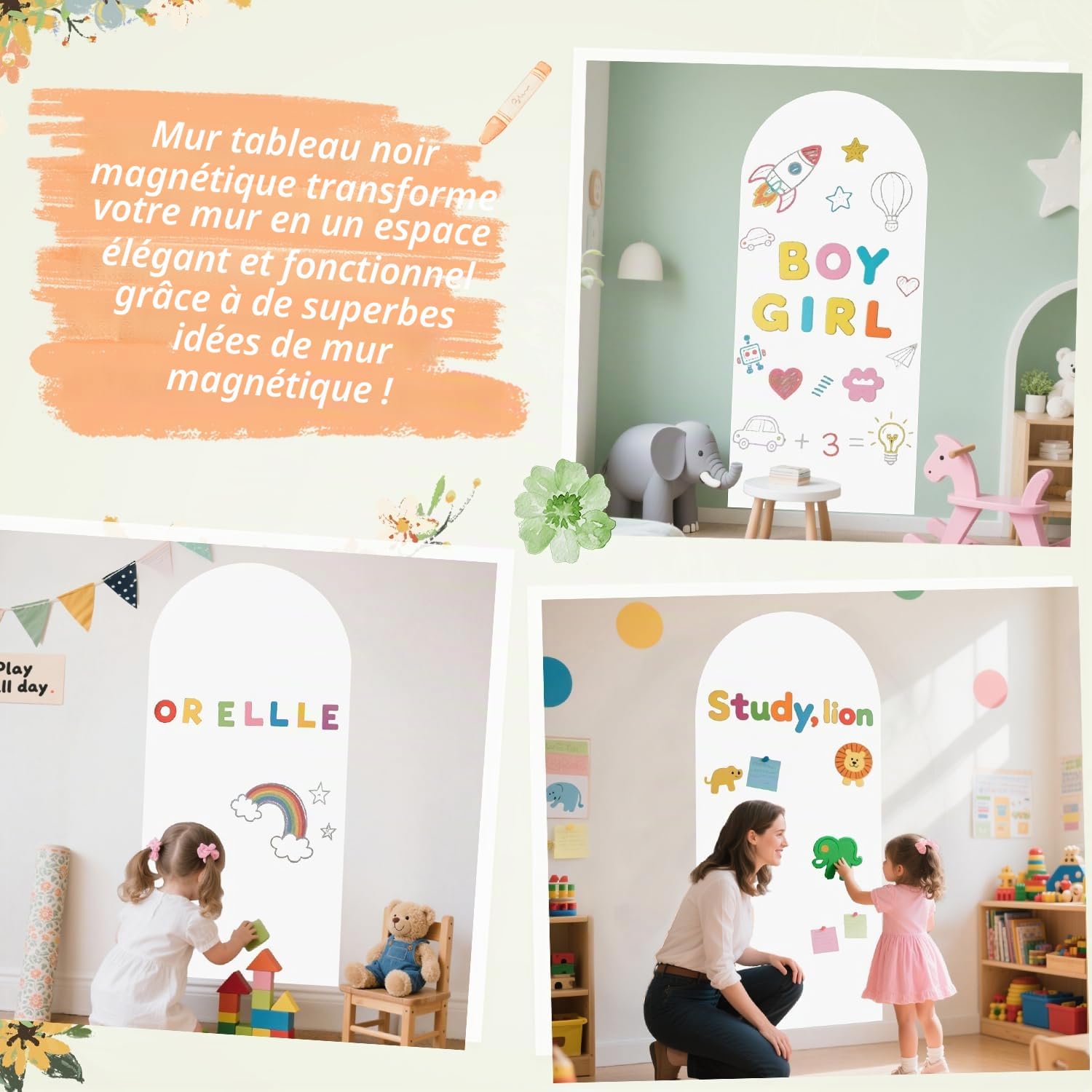 FUHSY Sticker mural magnétique pour enfants - 100 x 45 cm - Blanc - Tableau noir magnétique pour mur - Décollez et collez - Multifonctionnel