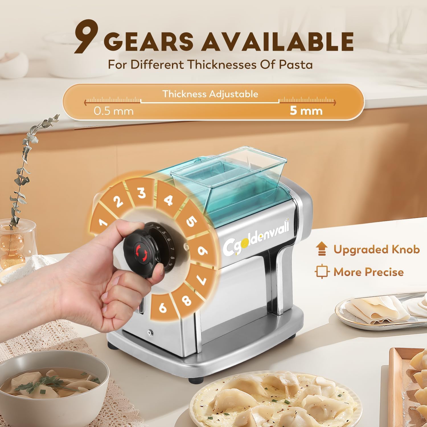 CGOLDENWALL Electric Pasta Making Machine Household Fresh Noodle Maker Stainless Steel with 2.5mm Round, 4mm Flat Blades, 9 Adjustable Thickness Grades for Noodles/Spaghetti/Lasagne/Ravioli