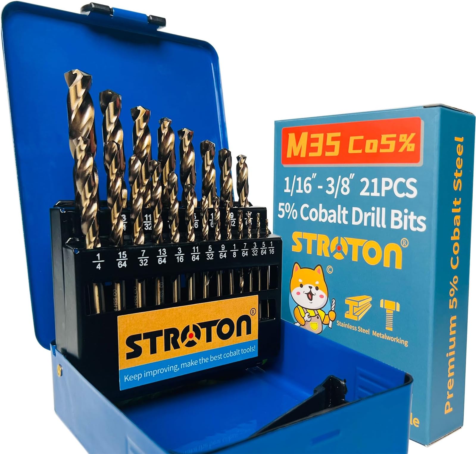 5% Cobalt Drill Bit Set (1/16-3/8 Inch, 21PCS) for Stainless Steel, Hard Metal, Cast Iron, Plastic and Wood, M35 Hss Heavy Duty Twist Steel Drill Bits Index.