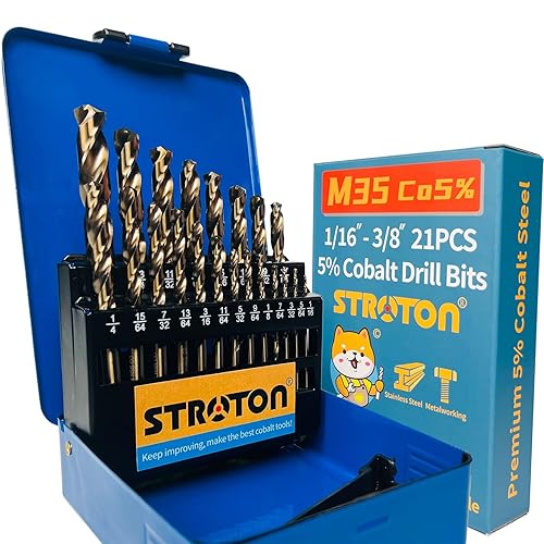 STROTON Juego de brocas de cobalto al 5% (116-38 pulgadas, 21 unidades) para acero inoxidable, metal duro, hierro fundido, plástico y madera, índice
