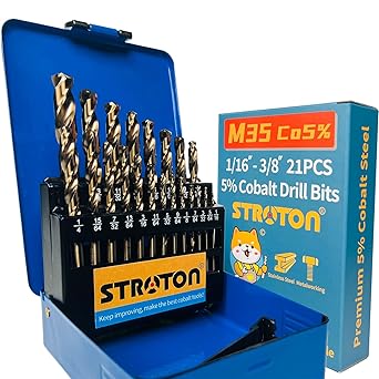 STROTON 5% Cobalt Drill Bit Set (1/16-3/8 Inch, 21PCS) for Stainless Steel, Hard Metal, Cast Iron, Plastic and Wood, M35 Hss Heavy Duty Twist Steel Drill Bits Index.