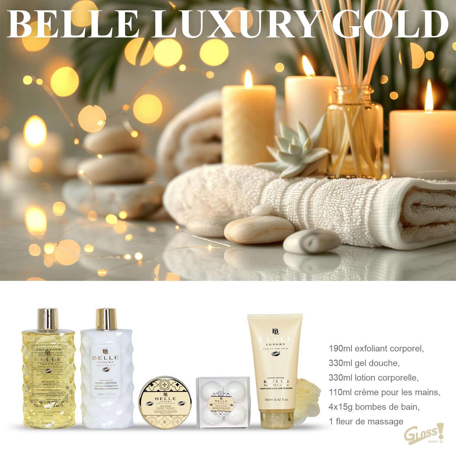 GLOSS ! Cofre de baño LUXURY GOLD – Cofre de belleza para mujer – Cesta de belleza, cuidado y bienestar – Regalo para mujer, cumpleaños, Navidad, profesora, Día de la Madre - BOX