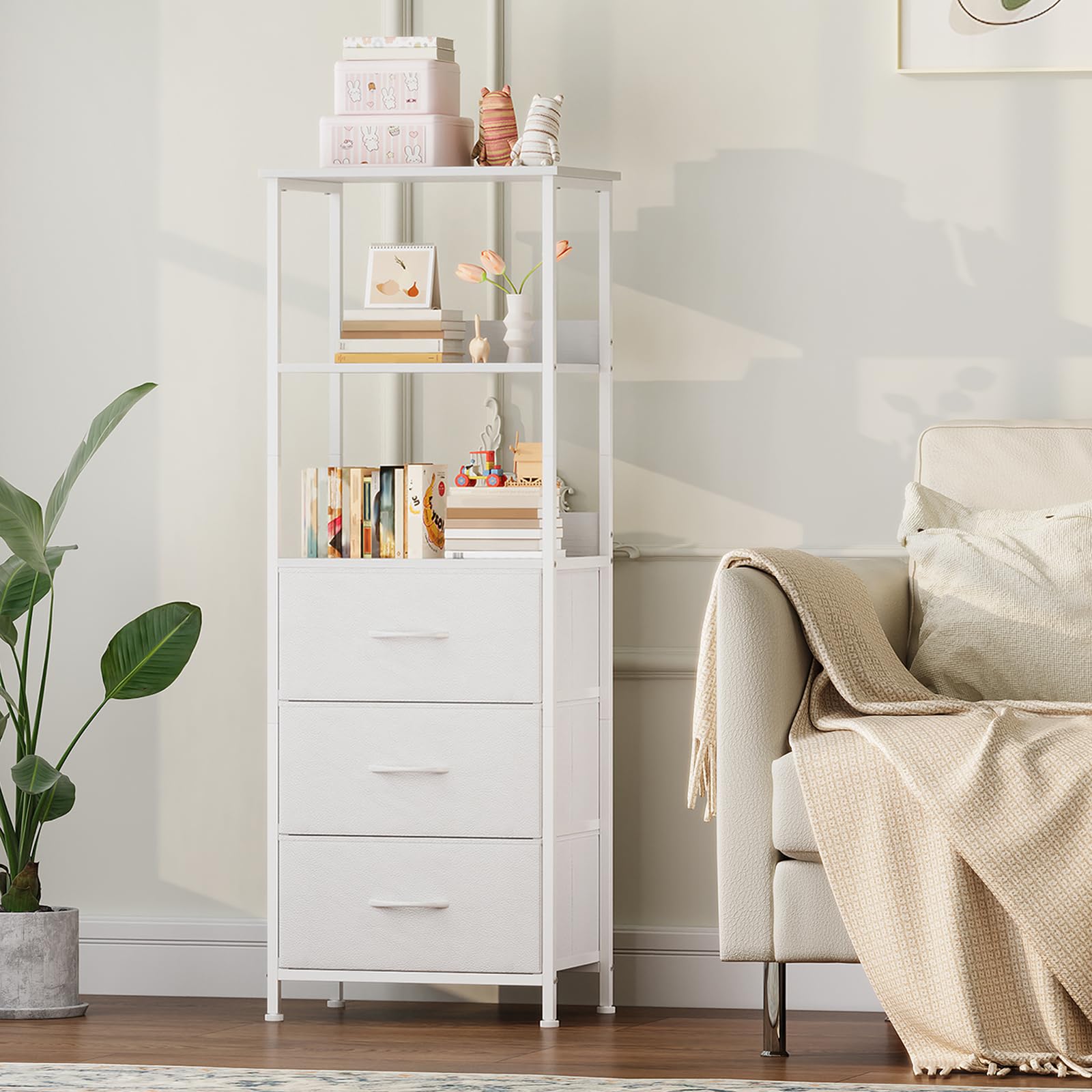 Somdot Commode Chambre, Commode Haute avec 3 Tiroirs en Tissu et Cadre en Acier, Meuble de Rangement pour Salon, Chambre, Bureau, Couloir Entrée, 30P x 42l x 115H, Blanc