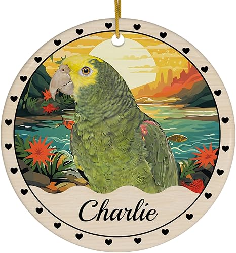 Diseño temático de puesta de sol con cabeza amarilla Amazon Parrot Adornos de Navidad personalizados 2025 círculo blanco cerámica dueño mascota