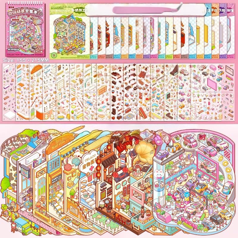 10 Sets DIY 3D Stickers Miniature Scene Sticker,DIY House Scene Stickers with Tweezers Make Your Own Warm Home Pink Collection Book Sticker for Adults Girls Relief Stress,PartyBirthday Favors Gift