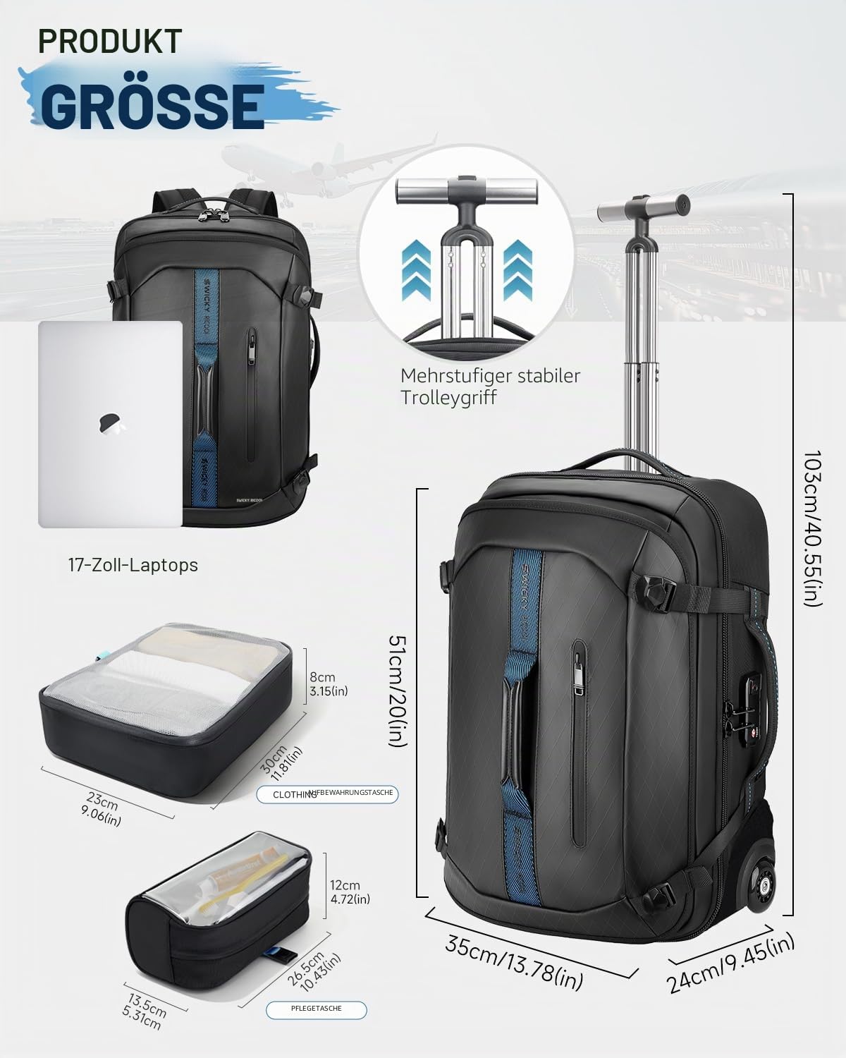 Trolley Rucksack mit Rollen – 45L Rollbarer Laptop-Rucksack inkl. 2 Packwürfeln, Wasserabweisendes Handgepäck für Flugzeug & Business, Koffer-Rucksack für Herren zum Reisen & Pendeln, Schwarz