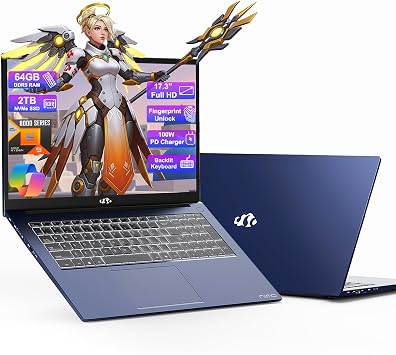 NIMO 17.3 Gaming-Laptop Ryzen 9 8945HS >i9-13900H 64GB RAM, 2TB SSD, Radeon 780M, USB-C 4.0 AI-Enhanced for Copilot VR Ready, PD 100W Backlit KB Fingerprint Unlock, Gaming Student Office Business
