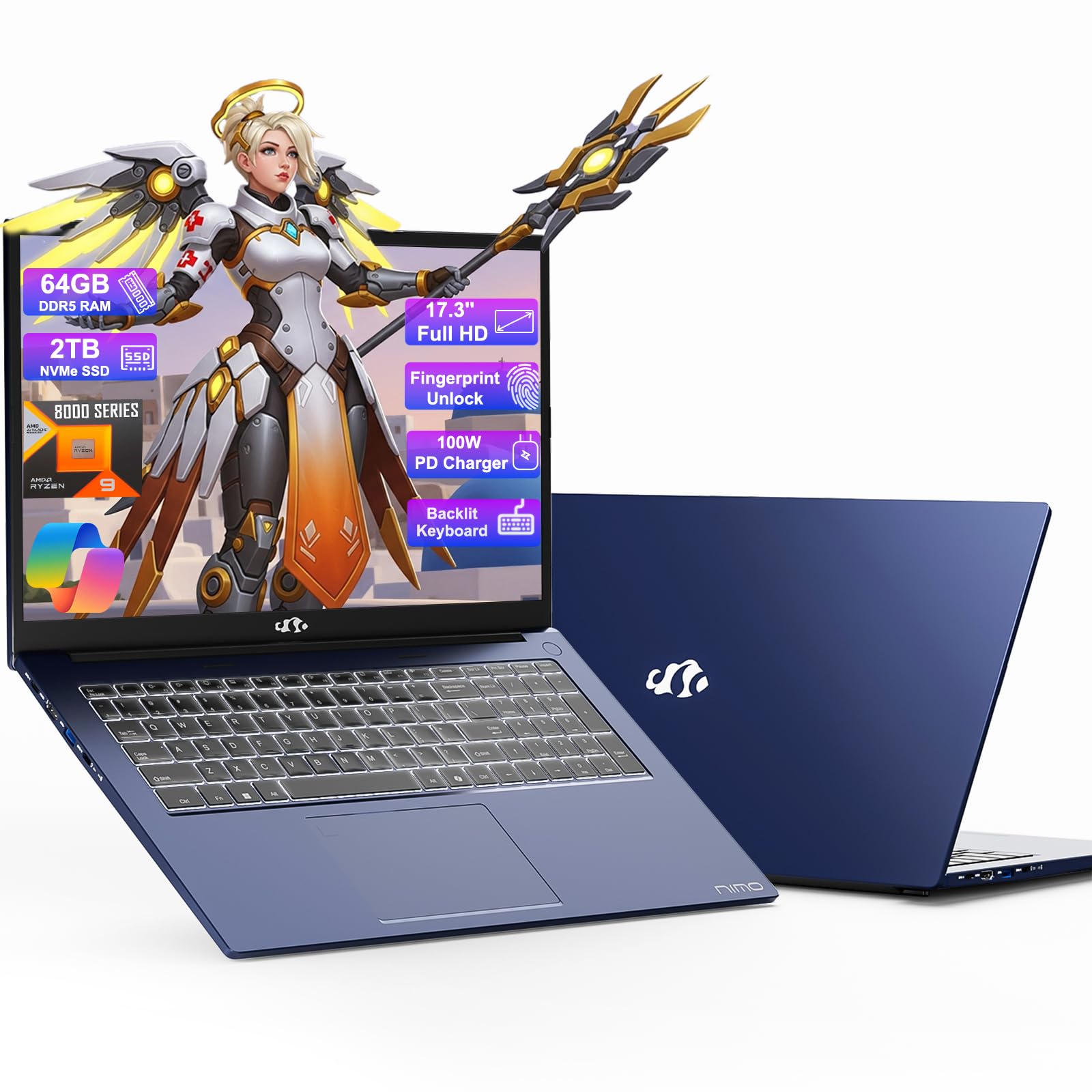 NIMO 17.3 Gaming-Laptop Ryzen 9 8945HS (>i9-13900H) 64GB RAM, 2TB SSD, Radeon 780M, USB-C 4.0 AI-Enhanced for Copilot VR Ready, PD 100W Backlit KB Fingerprint Unlock, Gaming Student Office Business