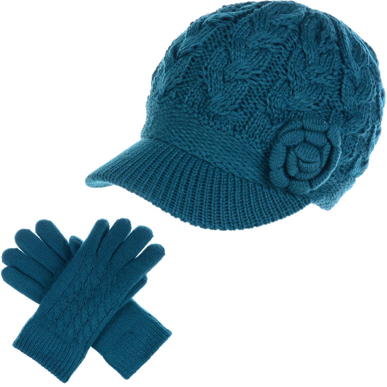 Womens Winter Elegant Cable Flower Knitted Newsboy Cabbie Cap Beret Beanie Hat with Visor, Warm Plush Fleece Lined