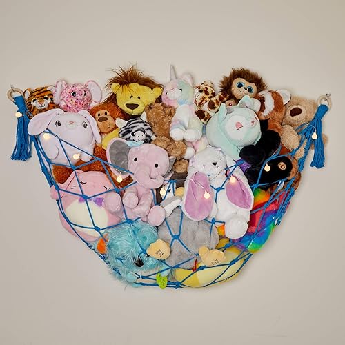 Miniatura 32 de Hamaca de macramé de almacenamiento de animales de peluche con luces de cadena para paredes planas, grande, decoración bohemia de habitación,