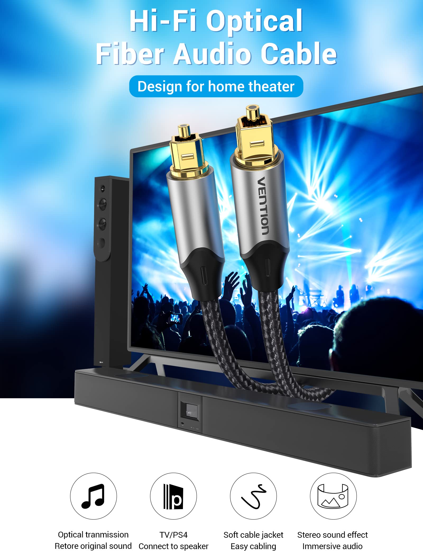 VENTION Câble Optique Audio Toslink 2m Nylon Tressé 24K Plaqué Or
