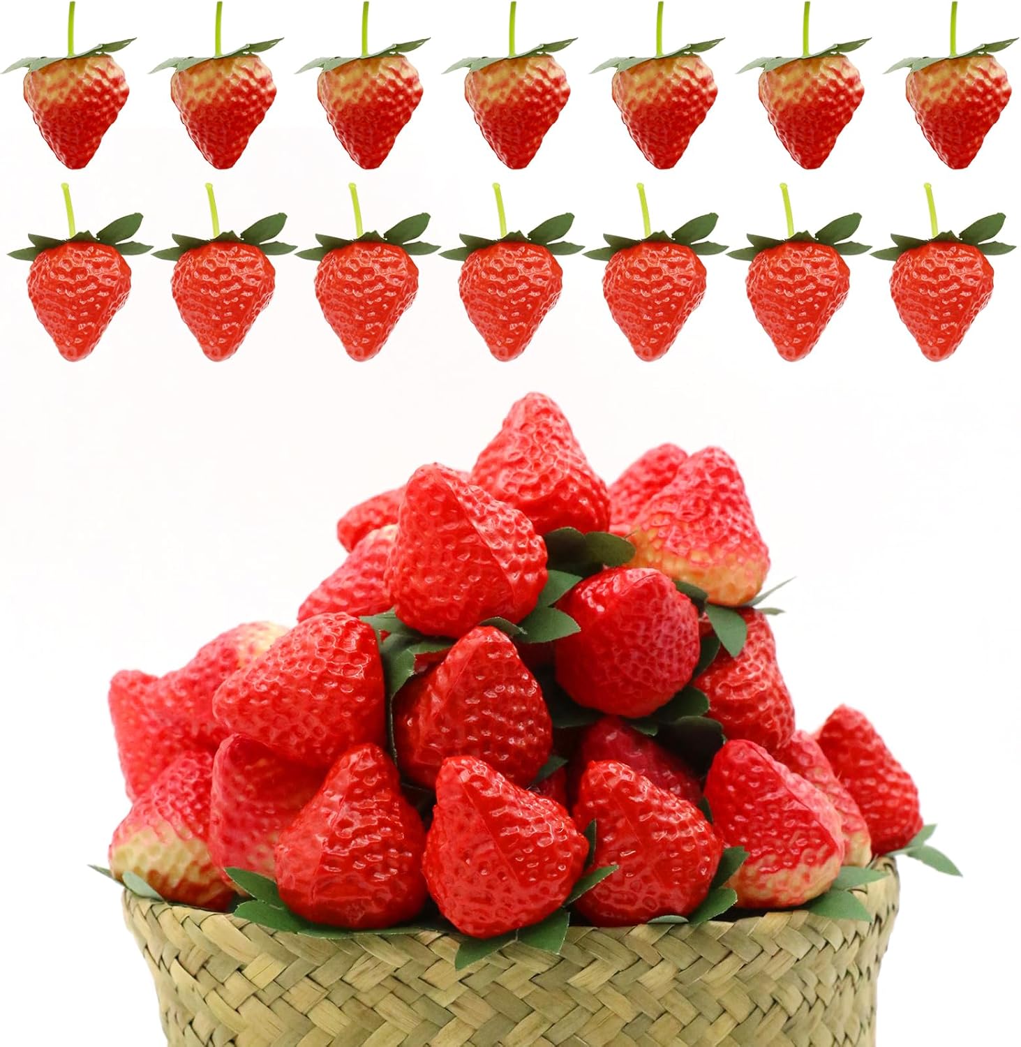50Pcs Artificial Strawberries Fruit Plastic Fake Lifelike Simulation Realistic Strawberry Faux Fruits Decoration for Home Kitchen Cabinet Party Cake Dessert Decor Photography Prop