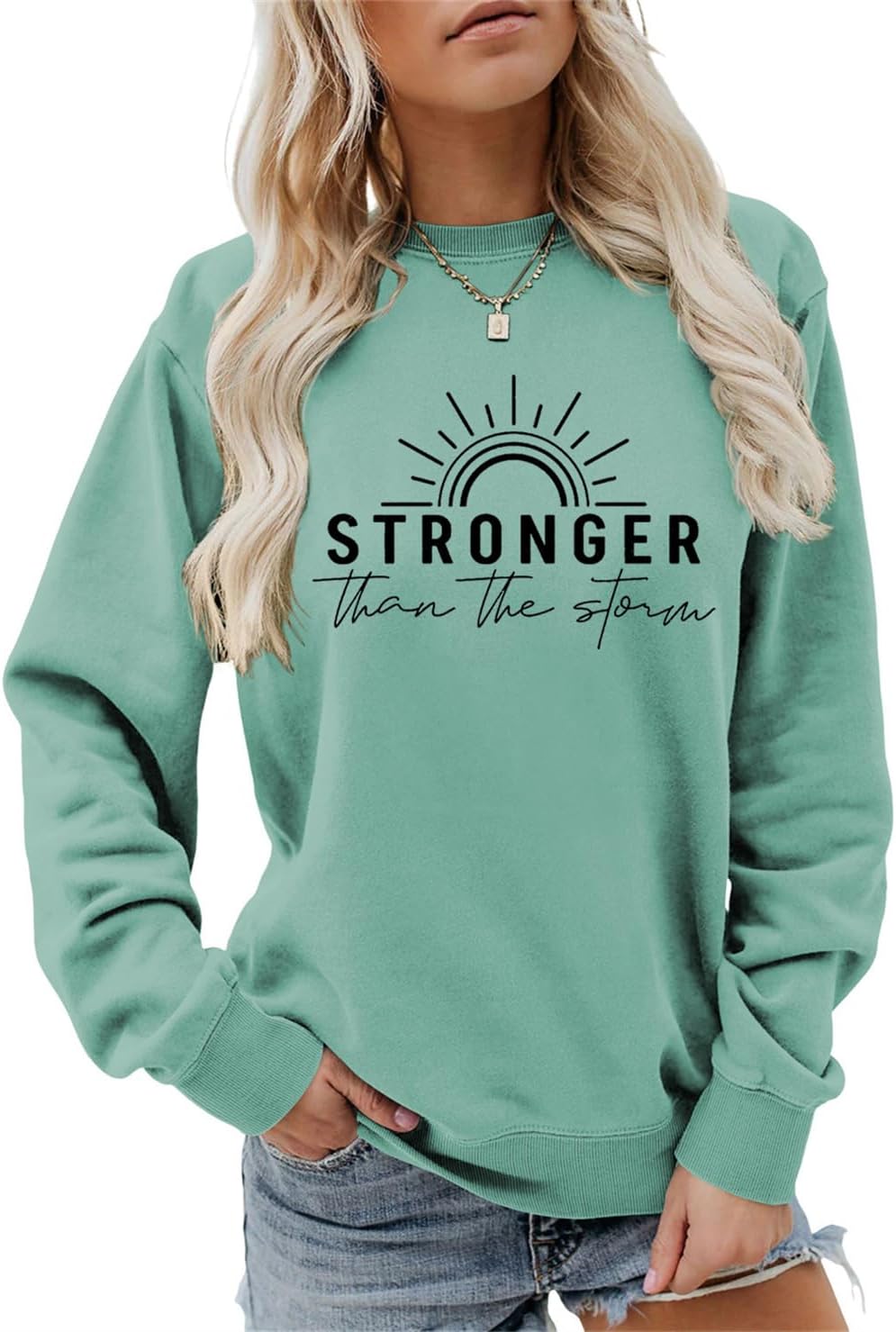 Christian Sweatshirt Women Stronger Than The Storm Graphic Faith Shirts Long Sleeve Inspirational Pullover Tops