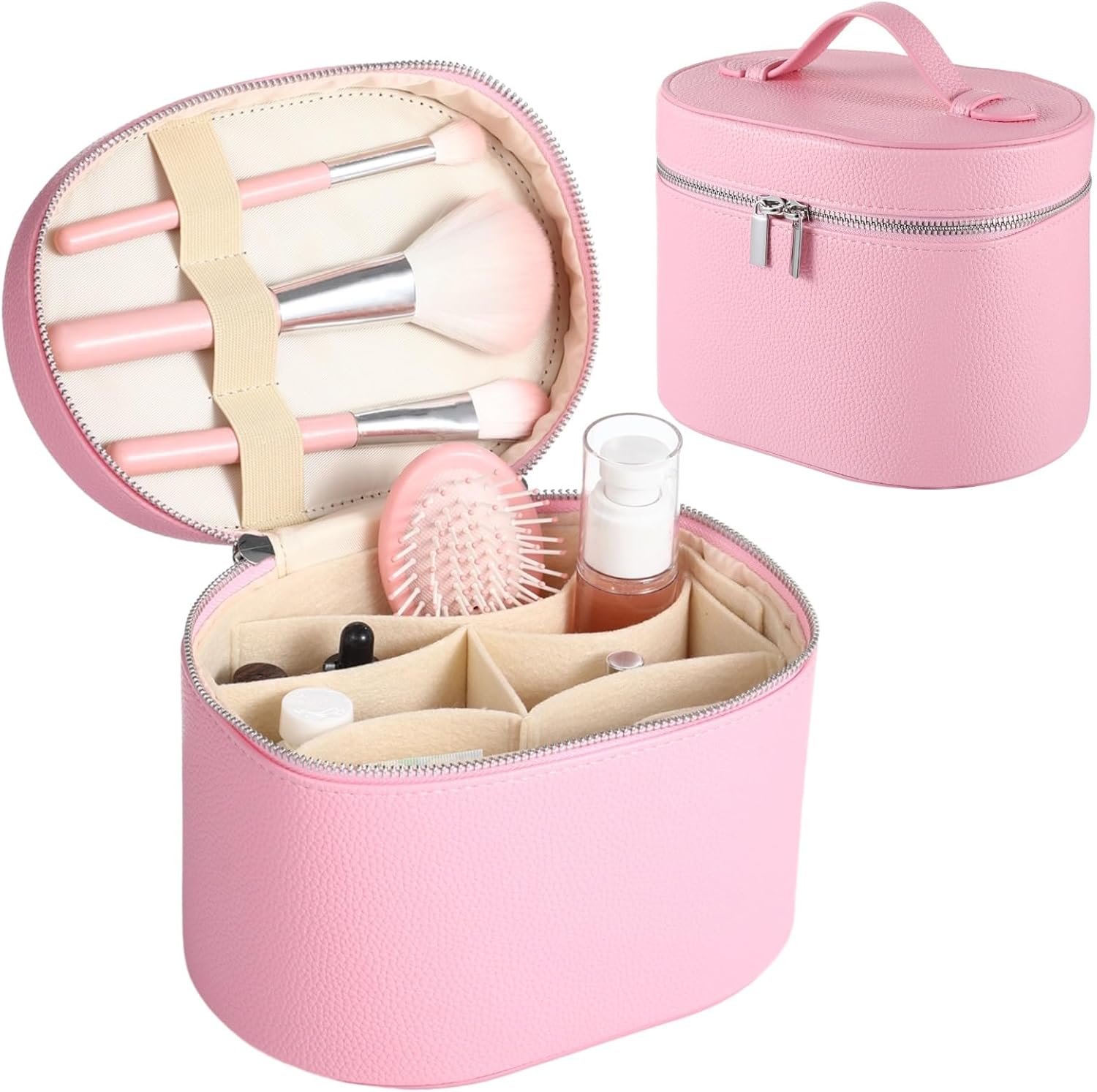 Makeup Vanity Bag for Women - Large Capacity Cosmetic Organizer with Removable Liner, Waterproof PU Leather Skincare Bag, Portable chic Cosmetic Make Up Case for Skincare, Brushes, Accessories, Pink - Image 2