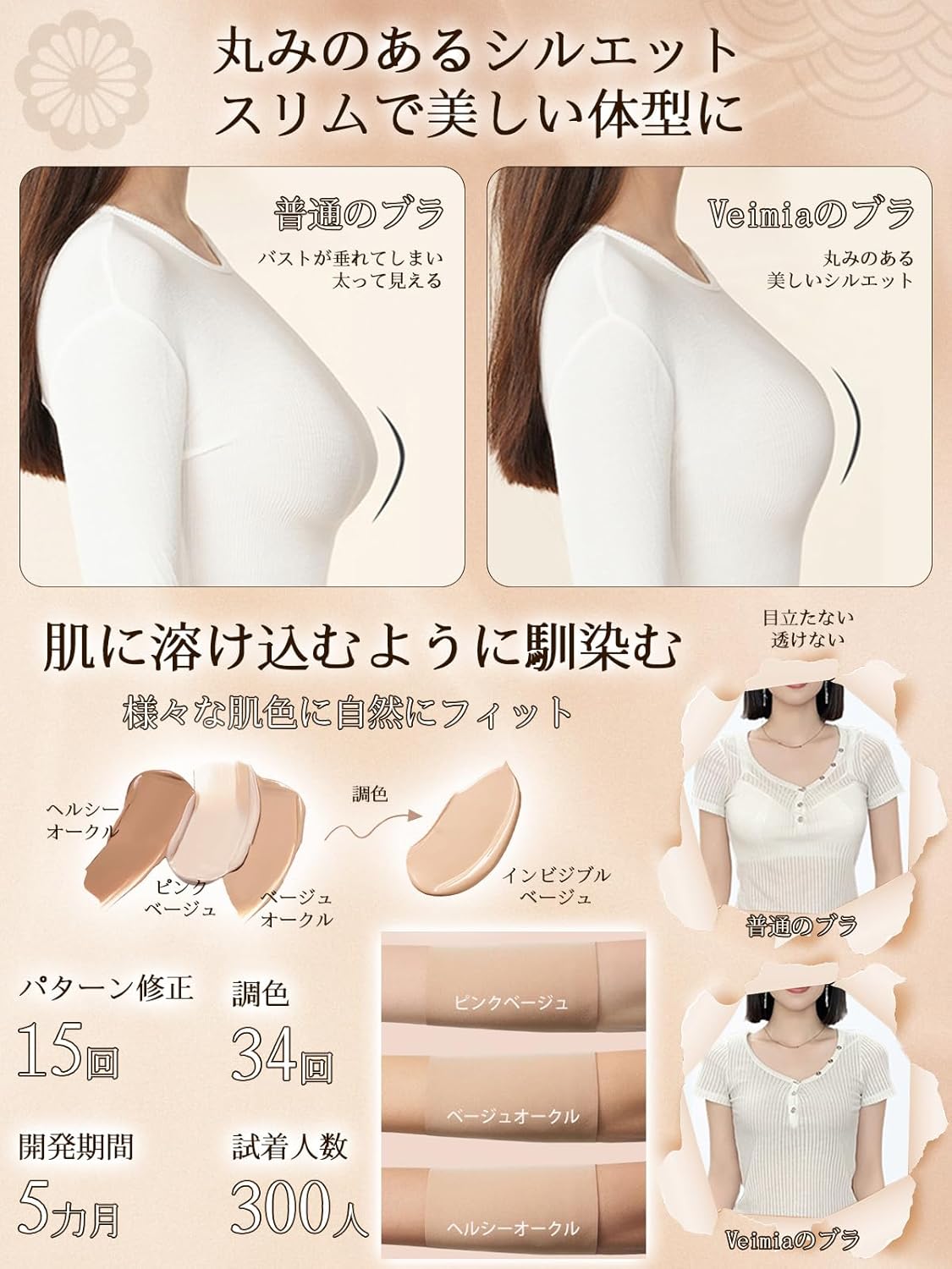 [veimia] シームレスブラ【ファンデ・垂れた胸補正】 胸を小さく見せるブラ 矯正 脇高設計 揺れない 盛り 高弾性 柔らかい