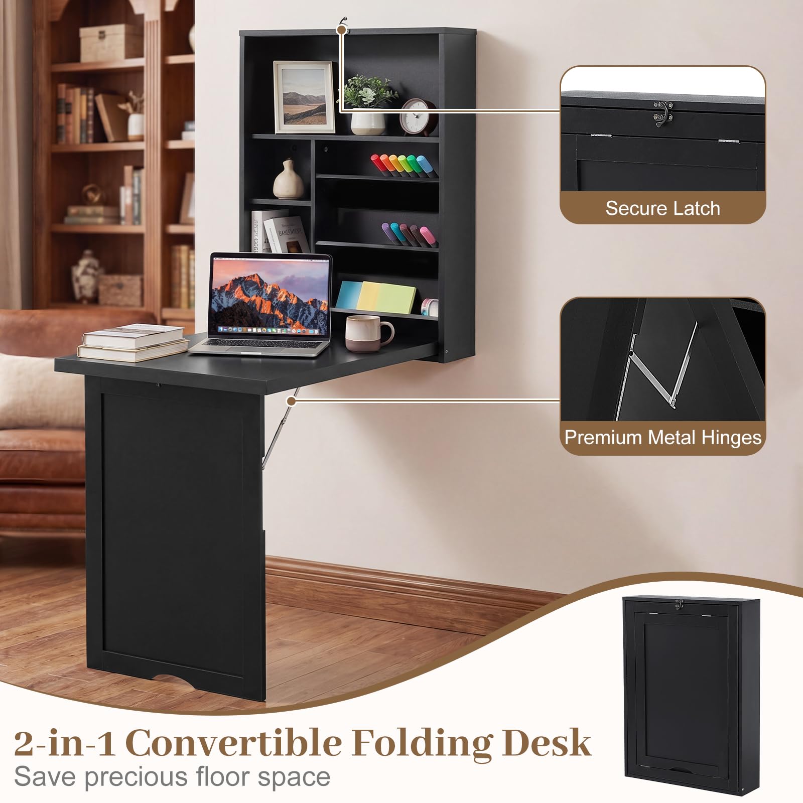 Tangkula Folding Wall Mounted Desk Convertible Fold Out Floating Table with Storage Shelves Space-Saving Drop Leaf Table Murphy Desk for Craft Study Small Spaces Home Office Dorm Black product thumbnail 6