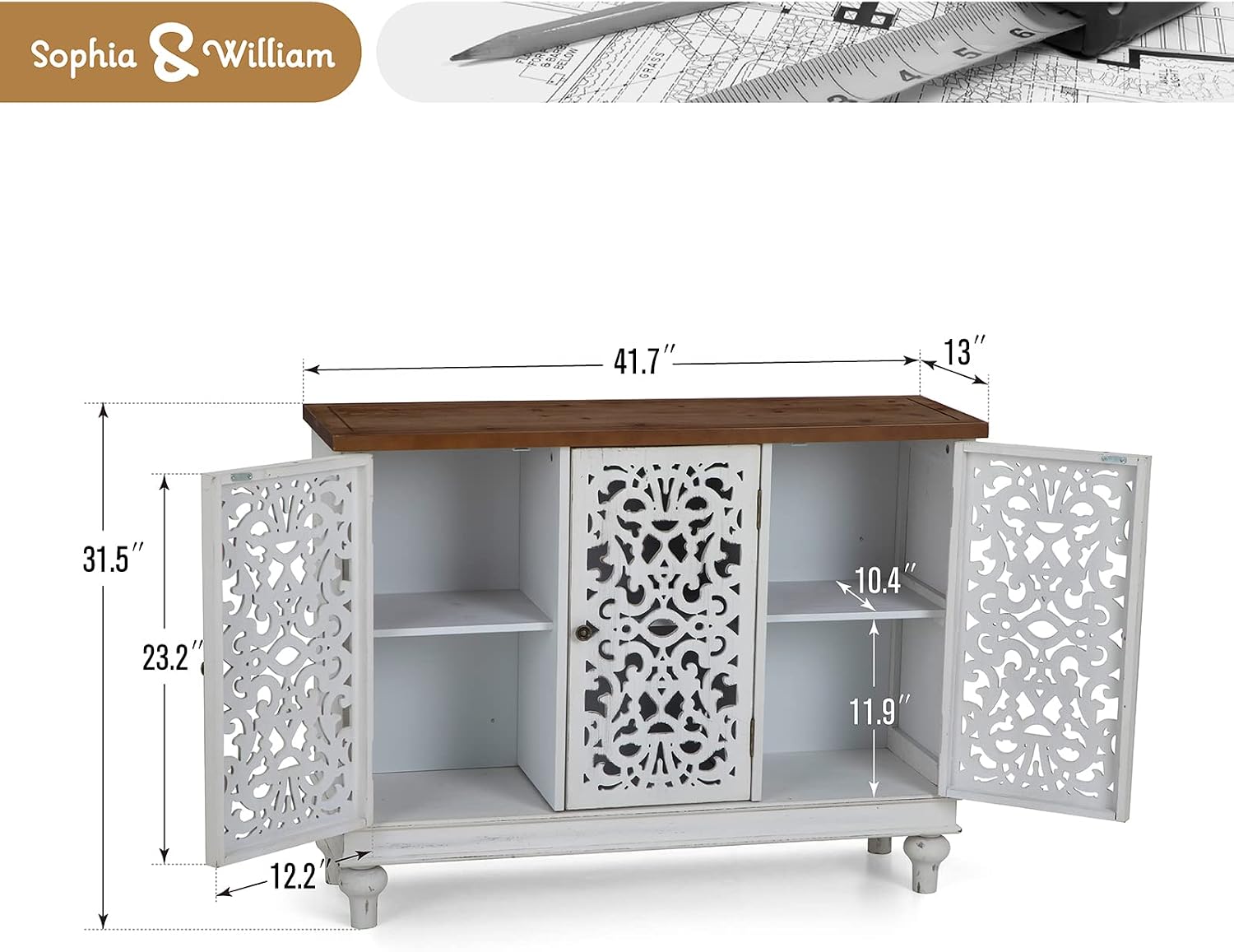 Sophia & William Sideboard and Buffet with Storage, 3-Door Hollow-Carved Accent Cabinet, Distressed Wood Storage Cabinet Cupboard for Kitchen, Dining Room, Living Room, Entryway, White
