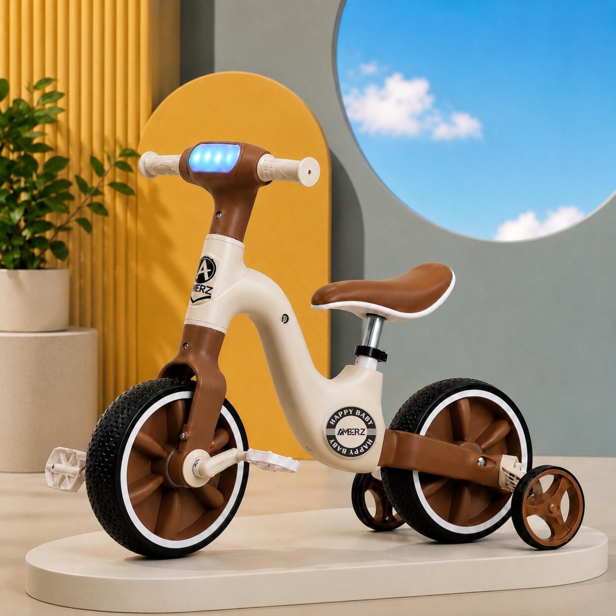 3-in-1 Convertible Kids Smart Tricycle/Bicycle/Balance Bike for Toddlers 2 to 7 Years Old Boys and Girls with Light, Music and Foldable Training Wheels (Brown)-image-22