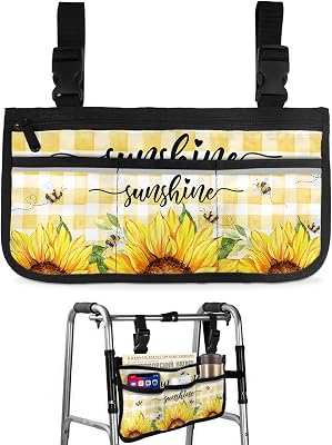 Sunflower Wheelchair Side Bag Walker Bag, Bee Rustic Floral Summer Sunshine Yellow Plaid Wheelchair Accessories Armrest Pouch, Organizer Storage Bag for Walkers, Rollators, Scooters, 7.3''x13''