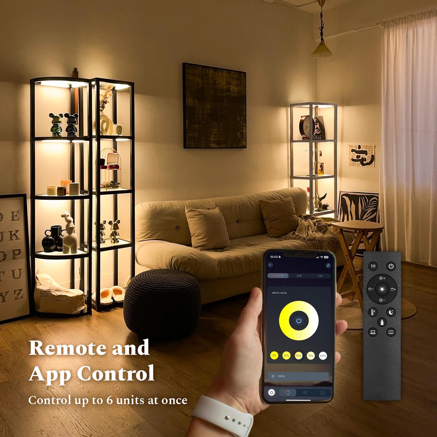 Glass Display Shelf with Light, Modern Floor Lamp with Remote/APP Control, Curio Cabinet for Collectibles with Light, Shelf Lamp with Adjustable Color Temps for Living Room, Bedroom