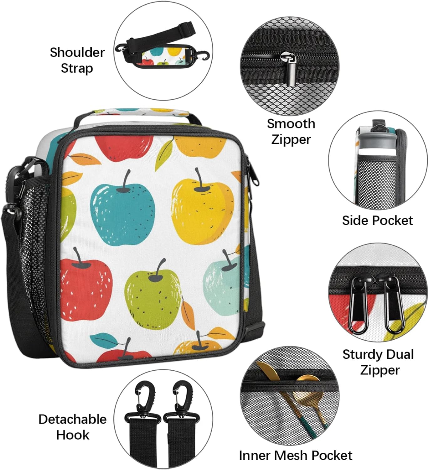 Colourful Apples Backpack Set, Backpack with Lunch Box Gifts Set for Women Men, Multifunction 2Pcs Laptop Travel Picnic Camping Backpack with Lunch Bag