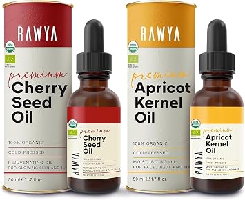 RAWYA Apricot Oil, USDA, Natural Apricot pits, Great for Aromatherapy and Massage, Moisturizer, Vegan, Kosher, 1.7 Fl Oz + Cherry Oil. Unrefined, Premium, with TQ, Cold Pressed, Natural, 1.7 Fl Oz
