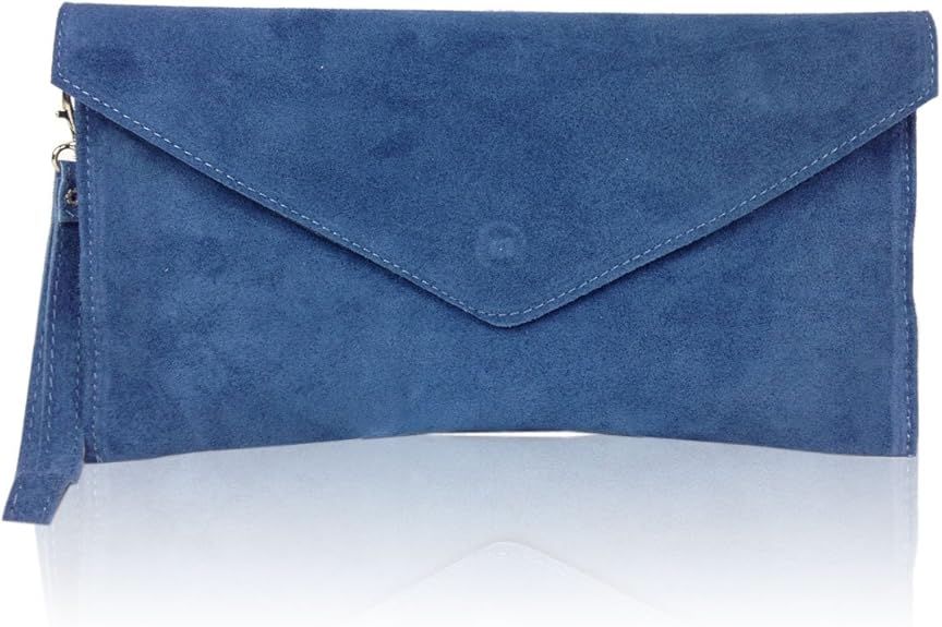 New Womens Genuine Italian Suede Leather Clutch Party Wedding Envelope Bag (Denim Blue) Amazon