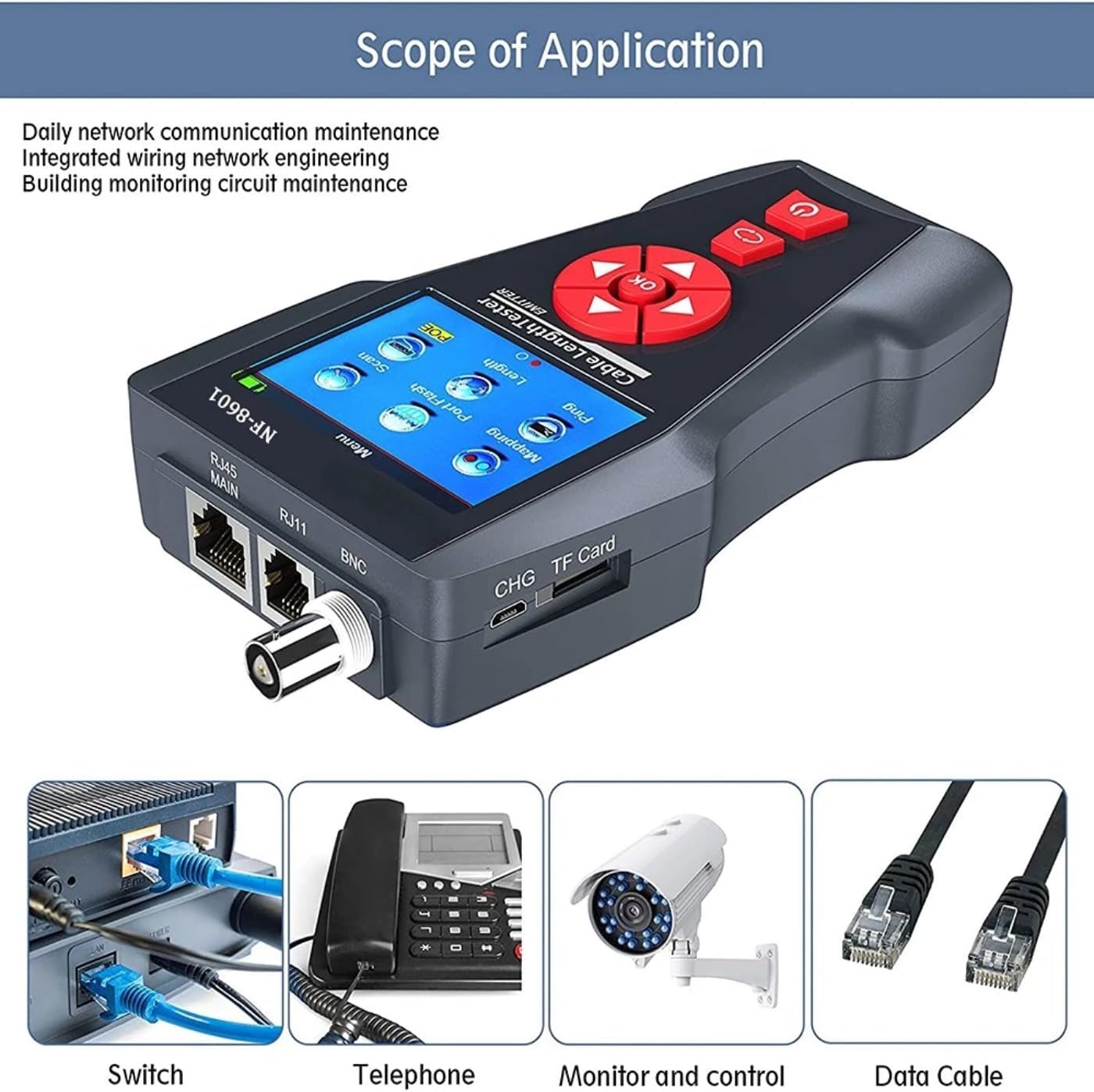 Network Cable Tester - Comprehensive PoE/PING Testing with 8 Remotes - Accurate Measurements, RJ45/RJ11/BNC Fault Locator - Ethernet Network Maintenance and Troubleshooting