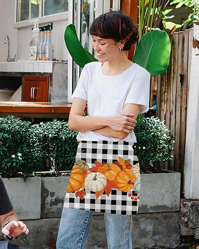 Miniatura 4 de Delantales de servicio de Acción de Gracias con 3 bolsillos, delantal rústico de otoño con hoja de arce de calabaza, negro y blanco, a cuadros,