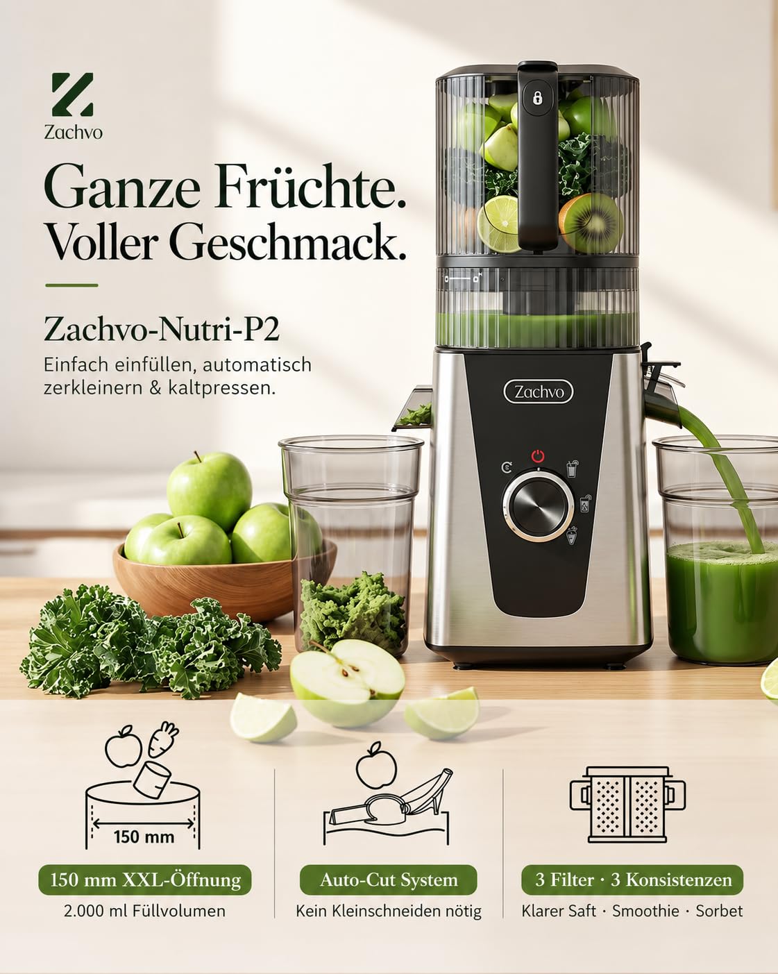 Slow Juicer Entsafter Gemüse und Obst Testsieger, 150 mm Öffnung