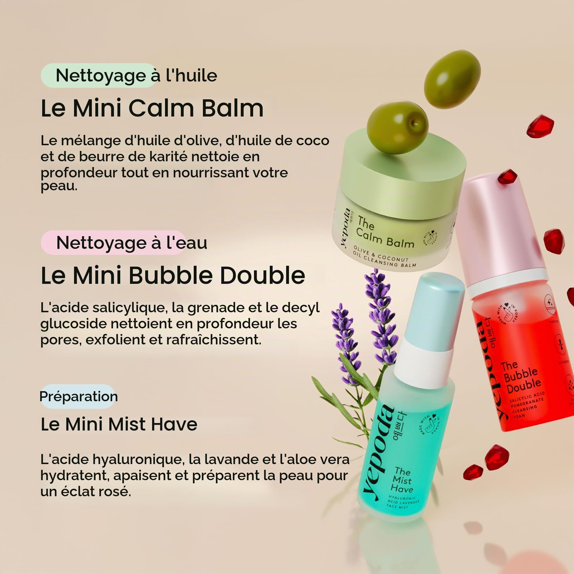 Yepoda The Mini Daily Essentials Set, kit K-Beauty pour essai ou voyage avec 3 soins : baume, mousse nettoyante et brume tonique. Vegan et adapté à tous les types de peau