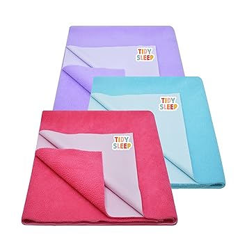 Tidy Sleep Instadry Anti-Piling Fleece Extra Absorbent Quick Dry Sheet for New Born Babies, Cotton Bed Protector Mattress Pack of 3 Voilet-Blue-DPink Small (70x50) cm - image, photos