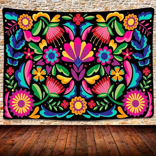 UHOMETAP Tapiz mexicano – Colorido bordado floral mexicano para colgar en la pared para dormitorio y sala de estar, 80 x 60 pulgadas