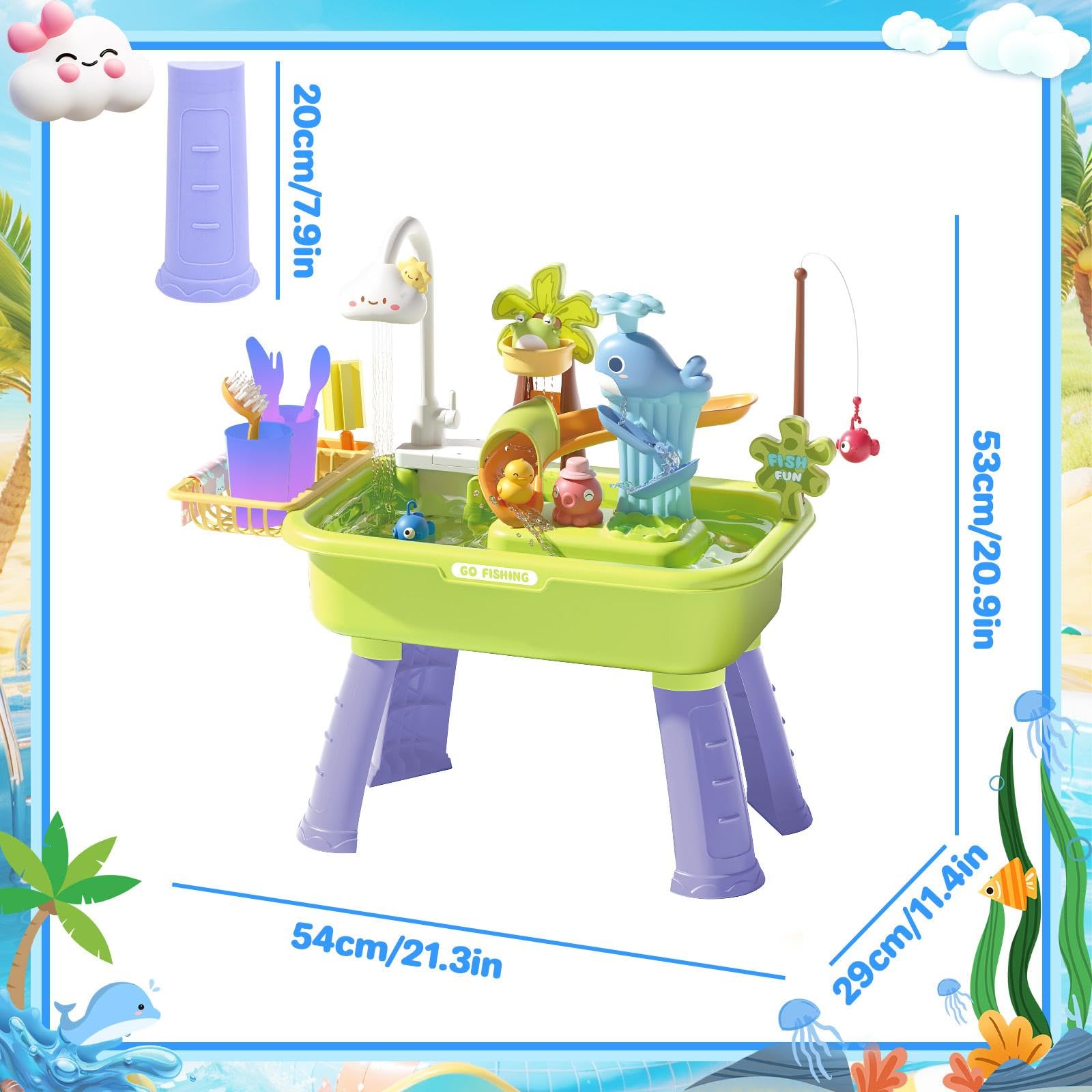 deAO Lavandino Giocattolo Bambini 4 in 1 con Rubinetto Funzionante, 3+ Anni | Tavolo Acqua/Sabbia, Cucina, Pesca, BPA-Free, per Interno/Esterno, Giardino, Spiaggia, Gioco Educativo, Regali per Bambini