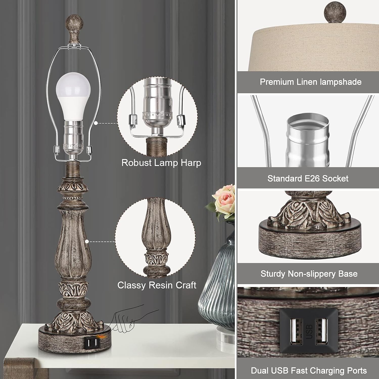 Bedside Lamps for Bedrooms Set of 2, Dimmable Touch Control Table Lamp for Living Room, Traditional Rustic Farmhouse Bedroom Lamps Sets with 2 USB Ports, Nightstand Desk Bed Lamps, Bulbs Included