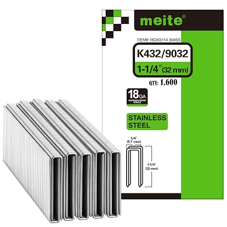 meite 18 Gauge 1/4-Inch Narrow Crown Staples, 1-1/4 Length 304 Stainless Steel Staples for Heavy Duty and Upholstery (1,600 Counts)