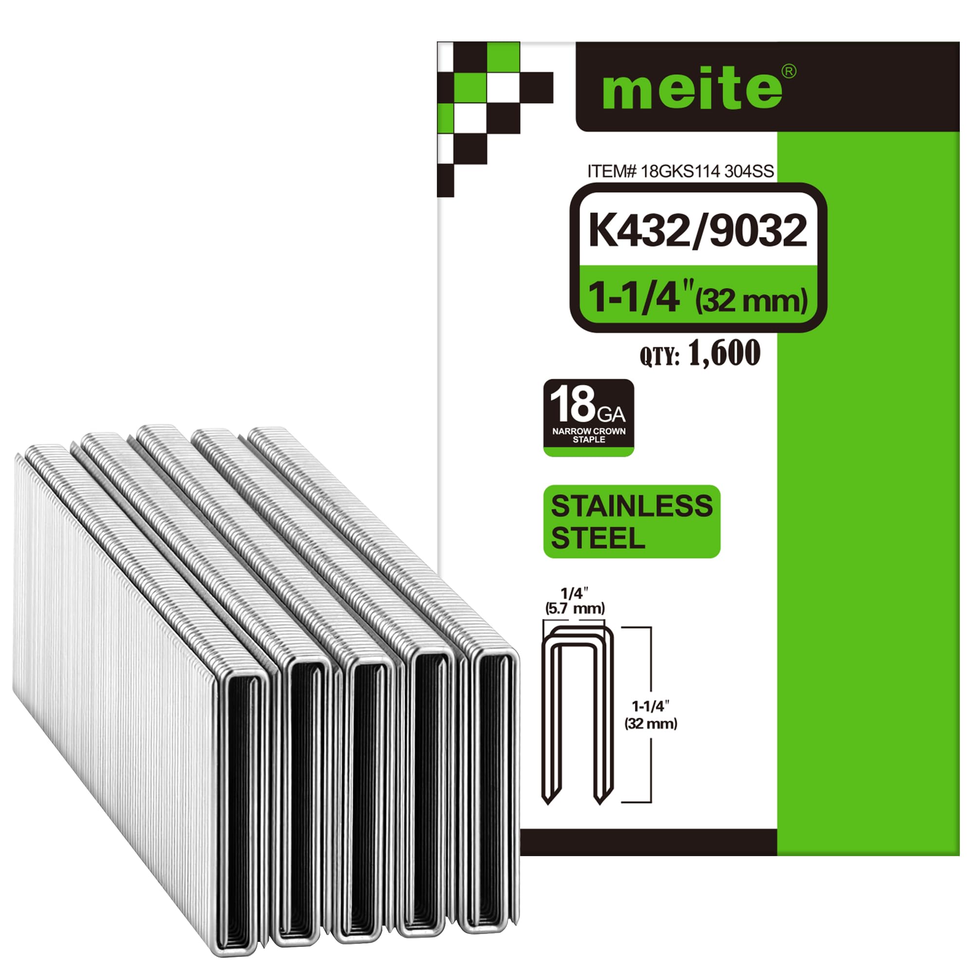 meite 18 Gauge 1/4-Inch Narrow Crown Staples, 1-1/4" Length 304 Stainless Steel Staples for Heavy Duty and Upholstery (1,600 Counts)