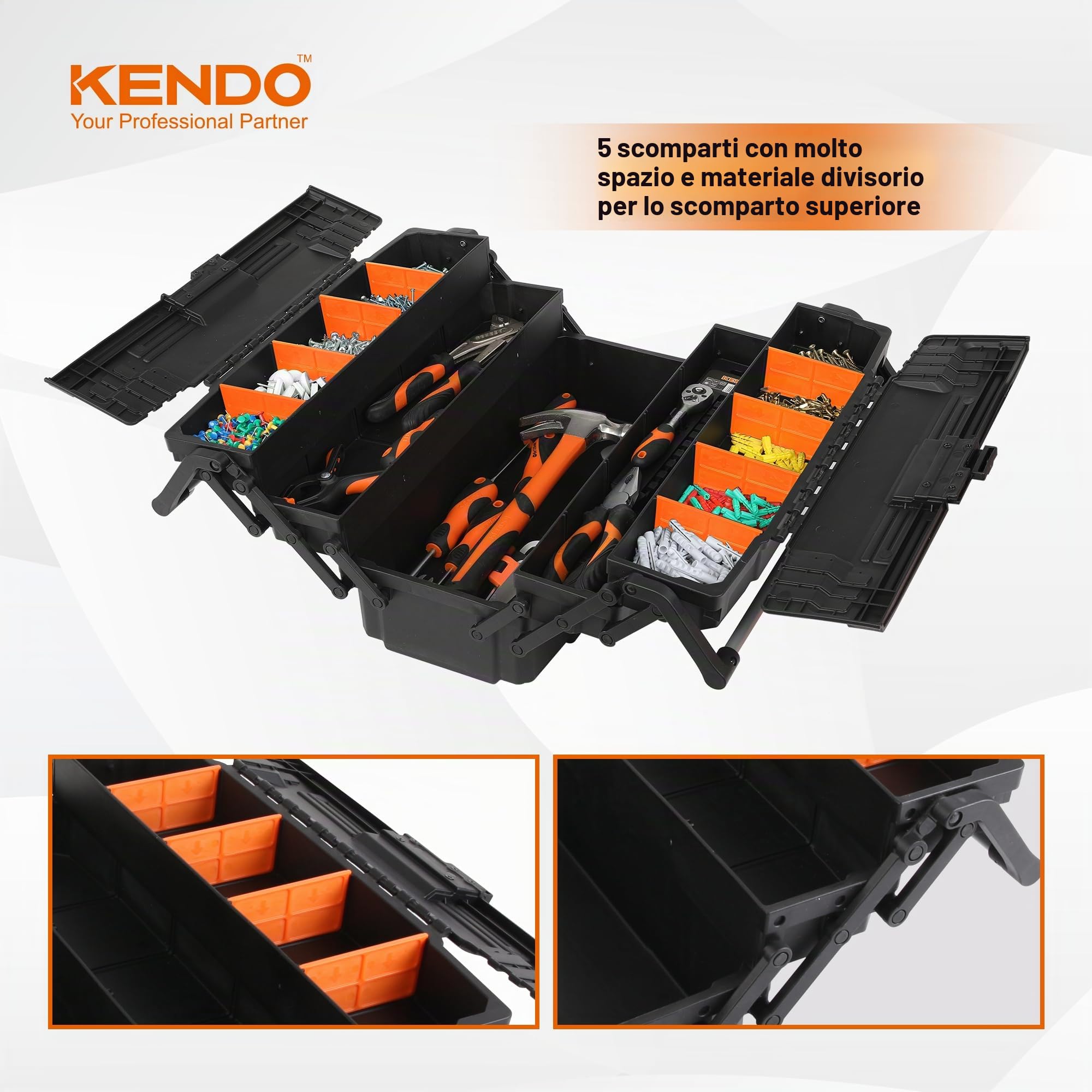 KENDO Cassetta degli attrezzi vuota in plastica, leggera e robusta, 4 scomparti apribili