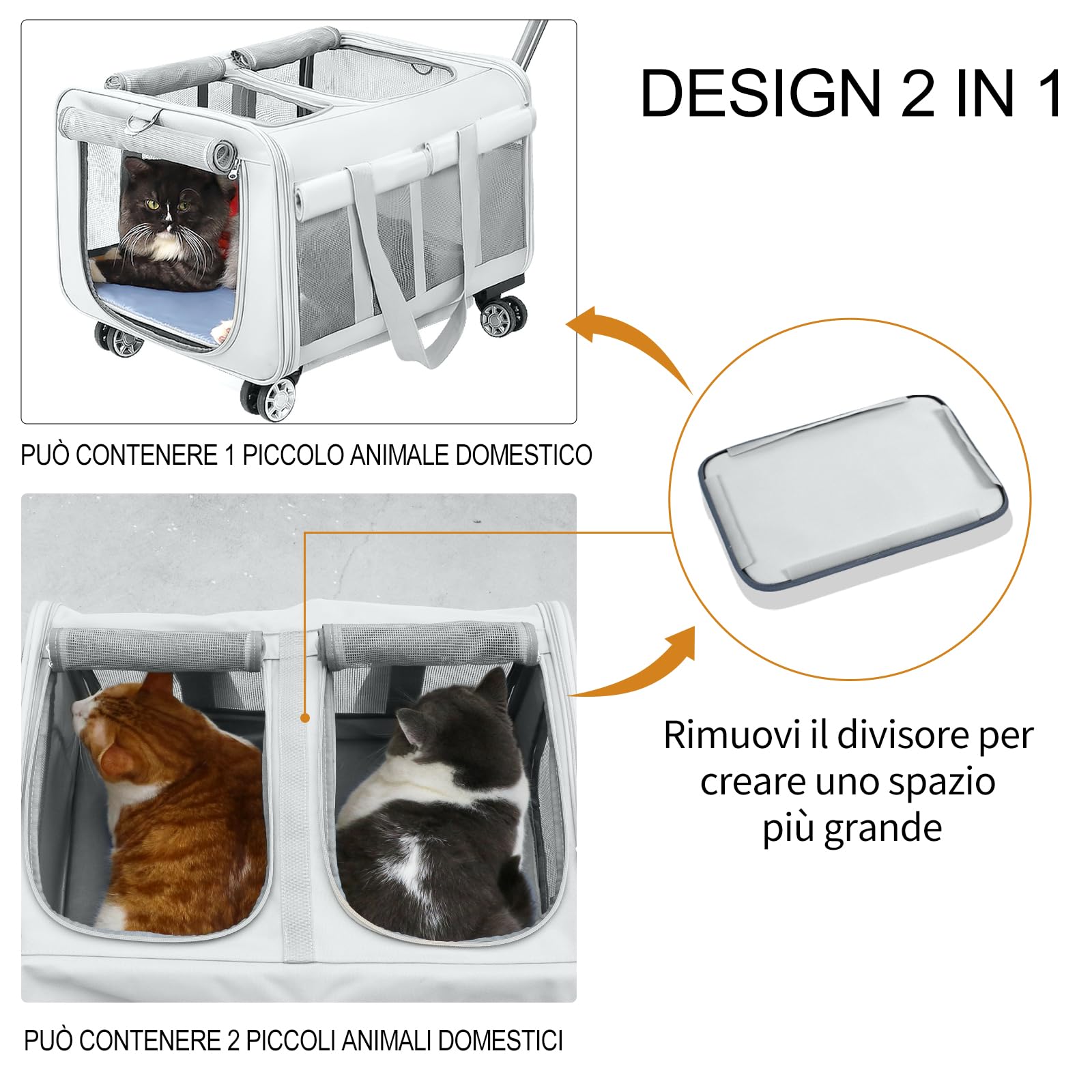 BEAUTYMONKEY.K Trasportino Doppio per 2 Gatti con Ruote – 2-in-1 Grande Trasportino Trolley per Due Gatti, Tessuto Traspirante e Antigraffio – Ideale per Viaggi in Auto,Veterinario (53Lx44Bx33H cm)