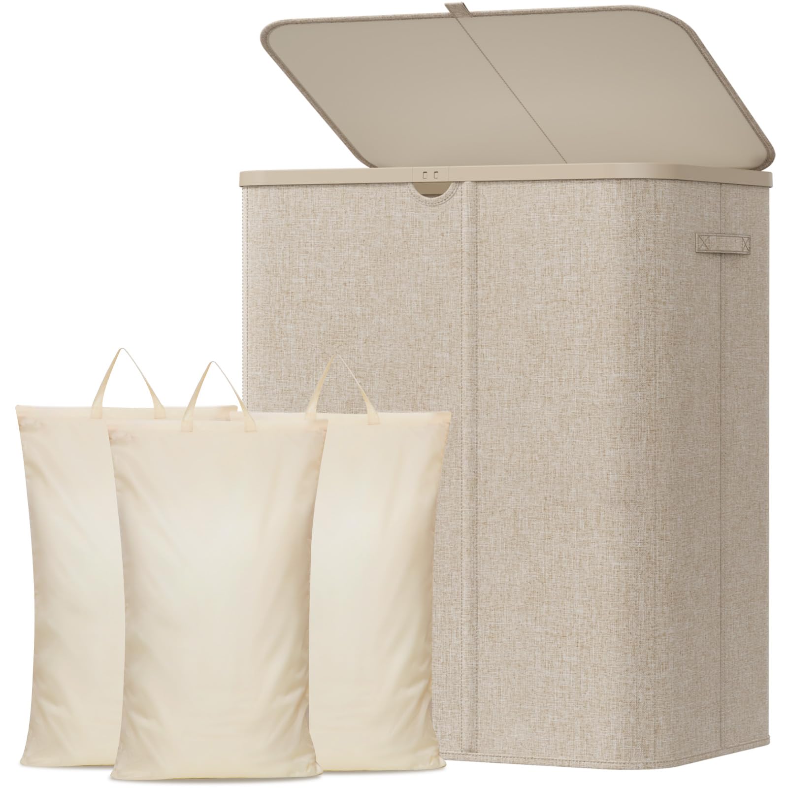 Lifewit 185L Laundry Basket with Lid 3 Compartments, Large Laundry Hamper with Plastic Handles and Removable Bag, Foldable Tall Dirty Clothes Hampers for Laundry Room, Bathroom,Bedroom, Beige
