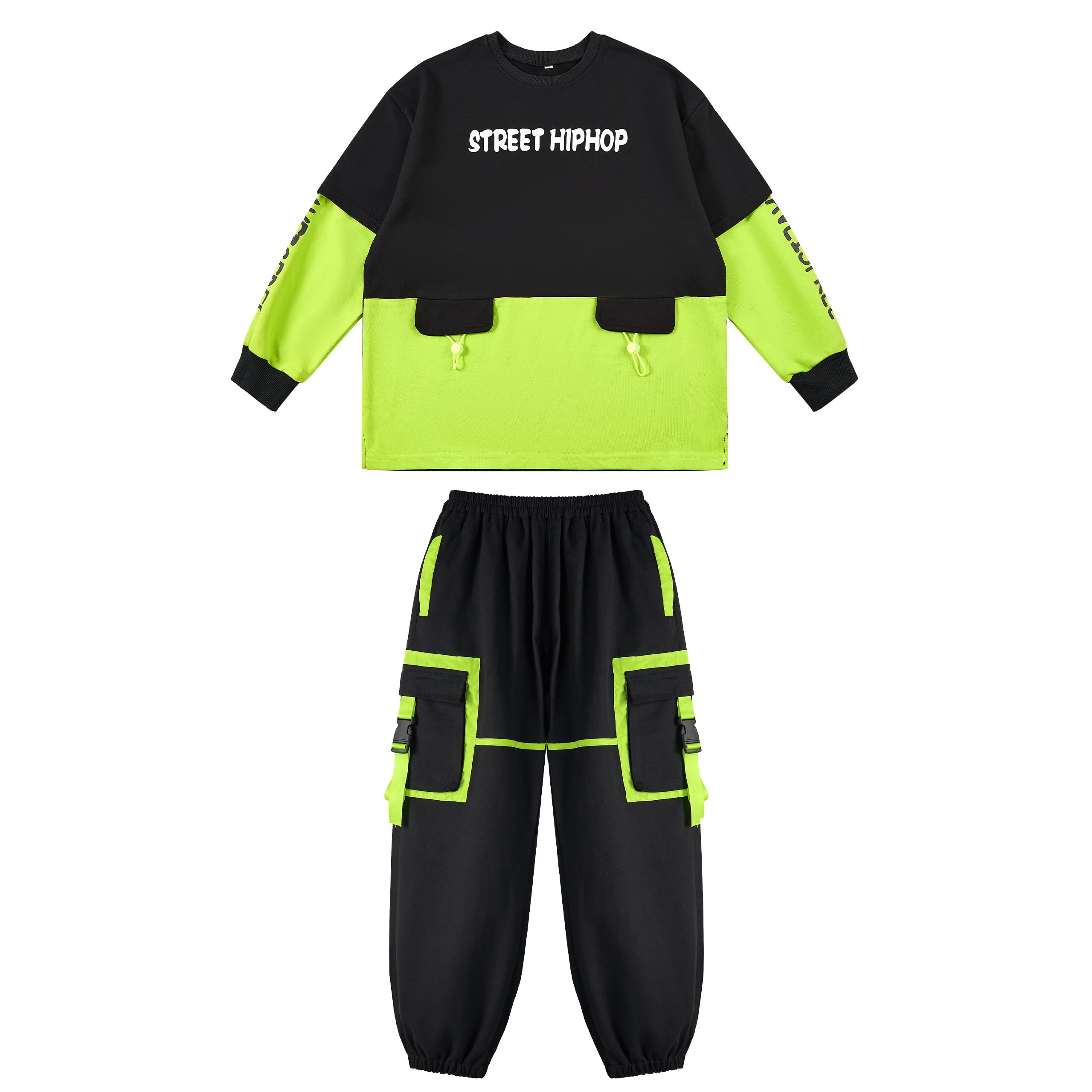 LOLANTA Jungen Hip Hop Tanzoutfit Colorblock Locker geschnittes Sweatshirt & Cargo-Hose, Streetwear Tanzkleidung Set für Kinder