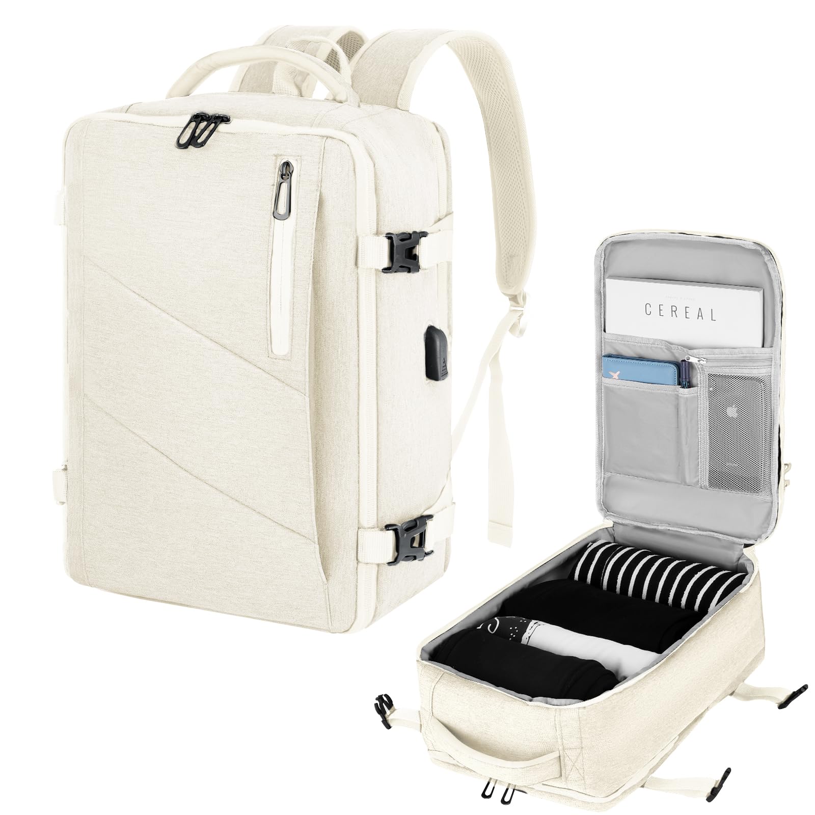 VOESLD Zaino 45x36x20 per Easyjet, Zaino da Viaggio Aereo Bagaglio a Mano Beige Zaino Porta PC Donna Uomo Impermeabile Zaino Bagaglio a Mano per Tutte le Principali Compagnie Aeree, con Porta USB 32L
