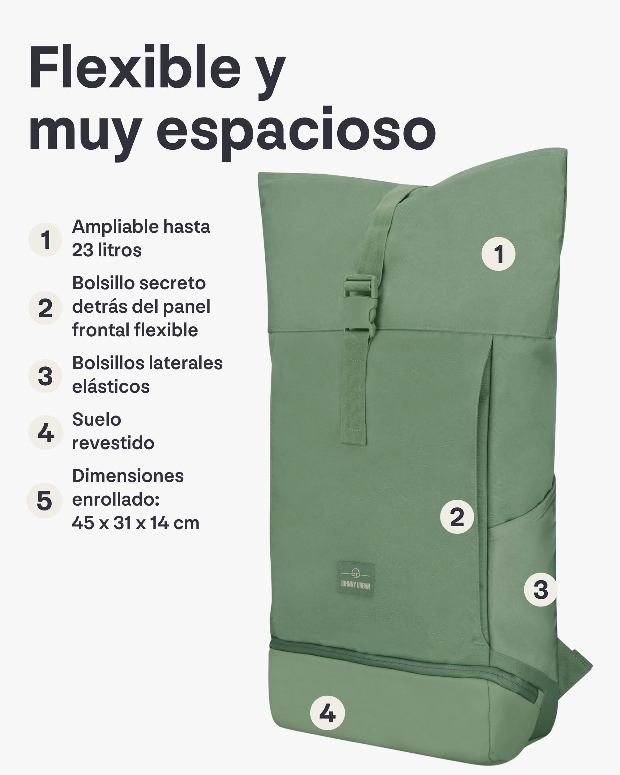 Johnny Urban Mochila Enrollable Mujer Hombre Verde - Allen Large - Grande Bolso para Escolar, Universidad, Trabajo - Compartimento para Portátil - Repelente al Agua